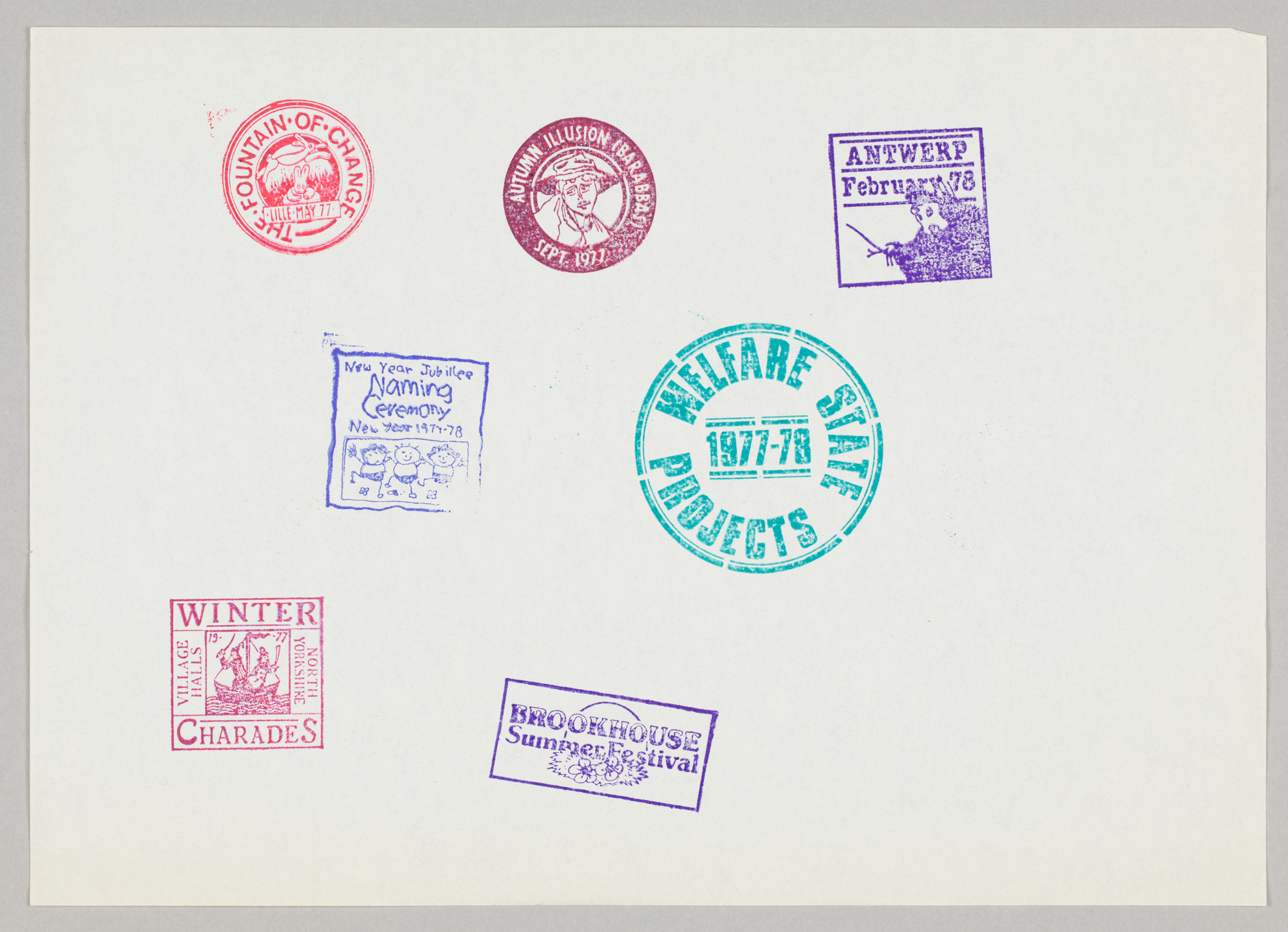 Imprints of stamps in different colours